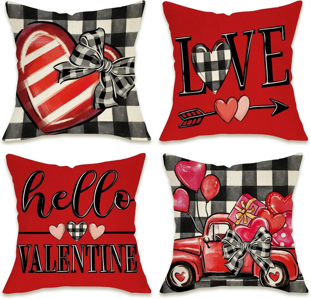 Fahrendom Hello Valentines Day Decorative Throw Pillow Covers 18 x 18 Set of 4, Red Heart Truck Buffalo Plaid Porch Outdoor Pillowcase, Romantic Anniversary Wedding Sofa Couch Cushion Case Home Decor