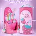 3 x Magnetic Standing Pencil Case for Girls - Back to School Stuff, Cute Strawberry Standing Zipper Pencil Case, Large Capacity Stand up Pen Bag, Stationery Pen Holder, Study Supplies for Students