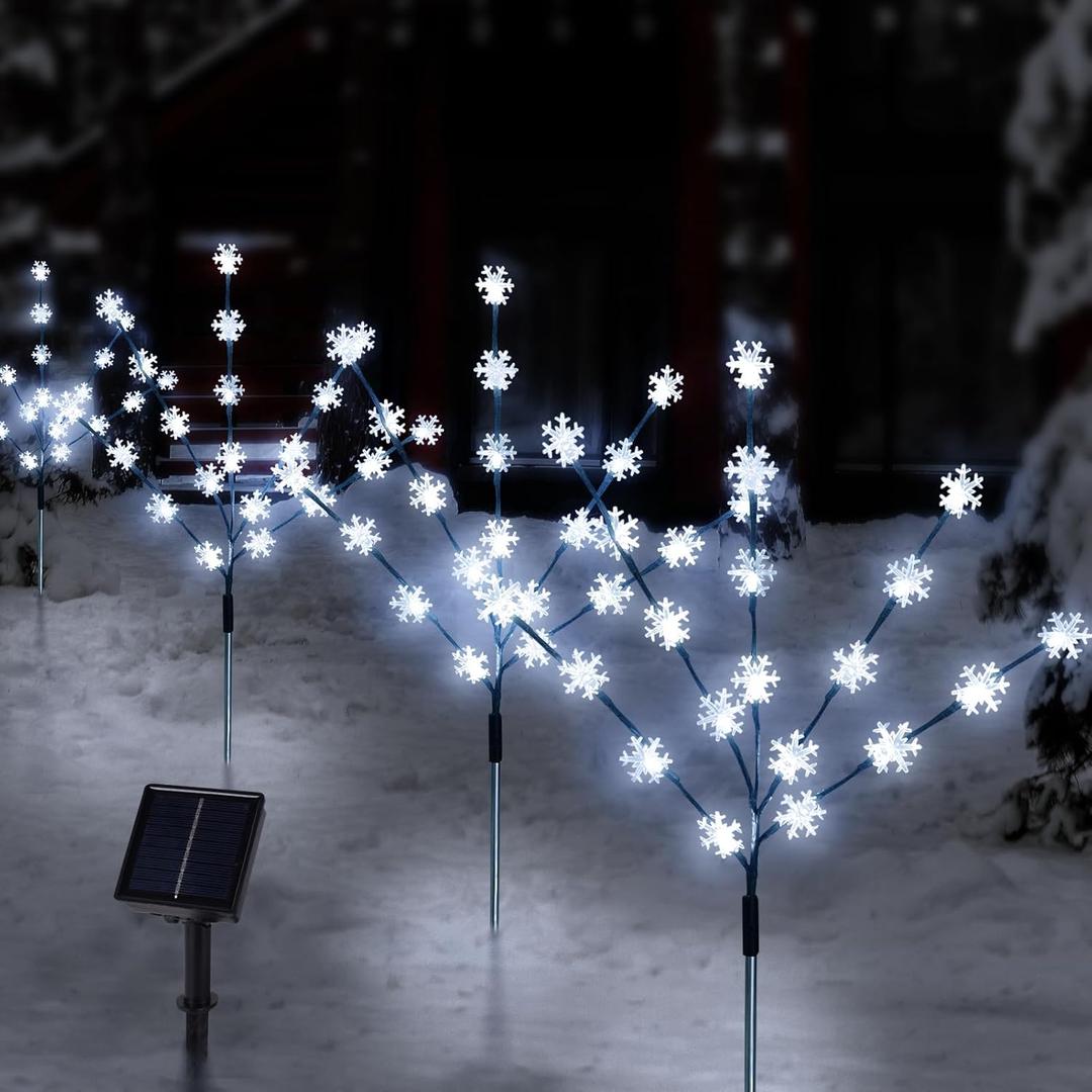 Solar Christmas Pathway Lights for Outside, 4 Pack Artificial Tree Snowflake Stake Lights, Waterproof Christmas Decorations for Yard Garden Patio Party Winter Decor (Multi-Colored)