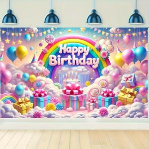 Happy Birthday Rainbow Balloon Cake and Gift Box Theme Banner Happy Birthday Backdrop Decoration Photo Banner Background