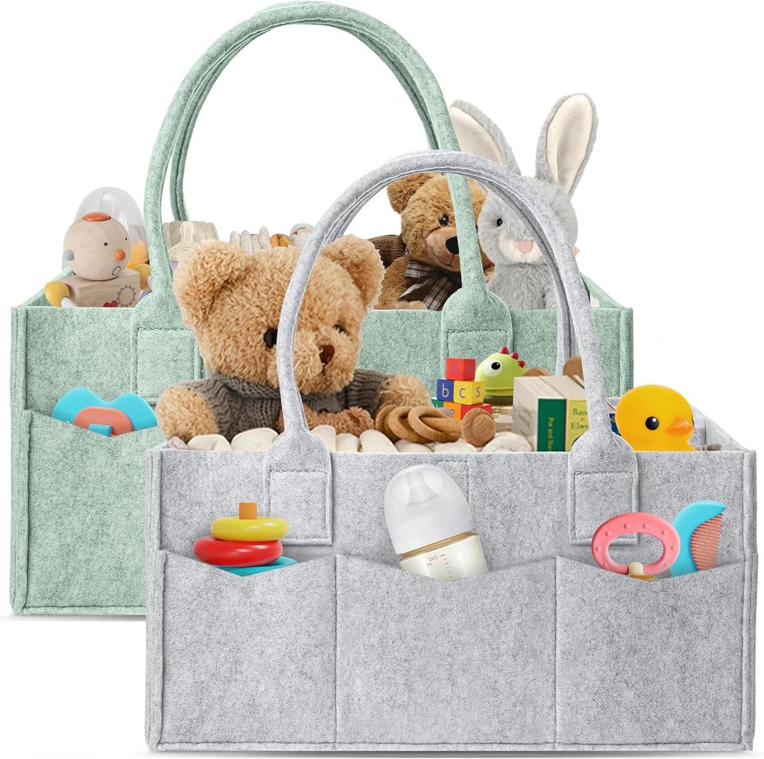 HIPHOP PANDA 2-Pack Diaper Caddy Organizer - Nursery Storage Bin & Car Organizer for Diapers, Wipes, and Baby Essentials - Dual-Color Solid Set (Grey/Green), Regular Size