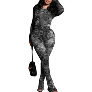Sexy 2 Piece Set Jumpsuit for Women Floral Print See Through Mesh Long Sleeve Going Out Top and Flare Pants Sets (Large, Black)