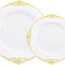 102PCS White and Gold Plastic Plates - Heavy Duty Gold Disposable Plates Include 51PCS 7.5inch Dessert Plates, 51PCS 10.25inch Dinner Plates for Wedding & Parties