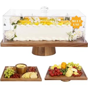 17" Acacia Wood Cake Stand with Lid, 2-in-1 Rectangular Charcuterie Board & Dessert Display, Shatterproof Acrylic Cake Dome Cover for Freshness, Charcuterie Platter for Weddings, Parties