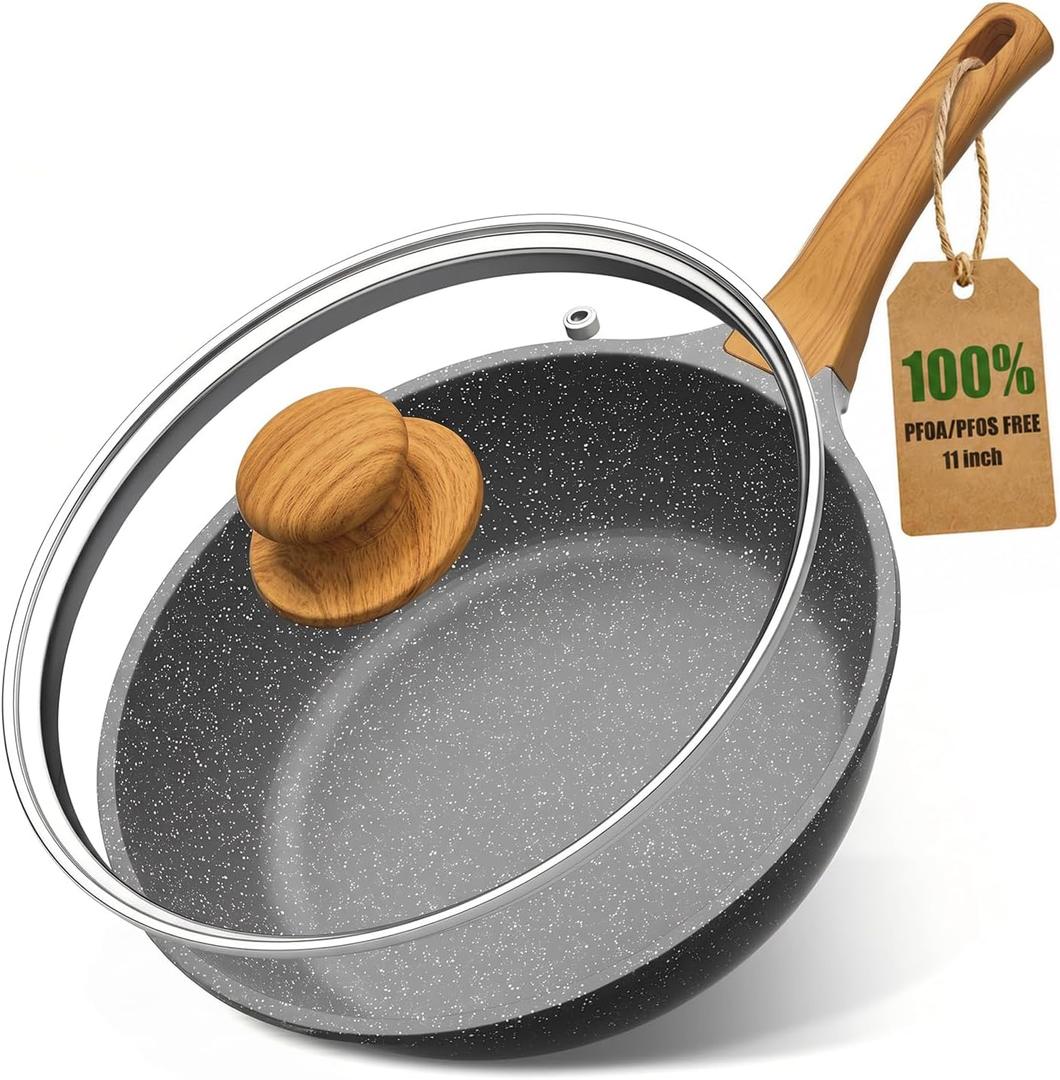 YASHE 11 Inch/4.5 QT Nonstick Deep Frying Pan w/Glass Lid, Dishwasher Safe | Induction Ready, Non-Toxic Saute Pan with Helper Handle Cooking Skillet Pan for All Stovetops PFOA/PFOS Free