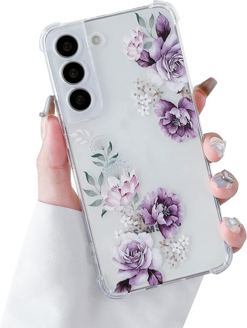 DEFBSC Soft Case Compatible with Samsung Galaxy S22, Clear Floral Flower Pattern Print Design Flexible TPU Shockproof Cover for Women Girls,Flower Protective Phone Case, Purple Peony