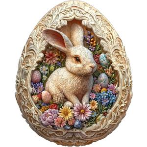 Wooden Puzzles for Adults 200 Pices, 3D Rabbit Wooden Jigsaw Puzzle, Flat Puzzels with 3D Visual Effect, Eggshell World Easter Unique Shape Irregular Jigsaw Puzzles, Finished Puzzle Size is 12.7*10.3in