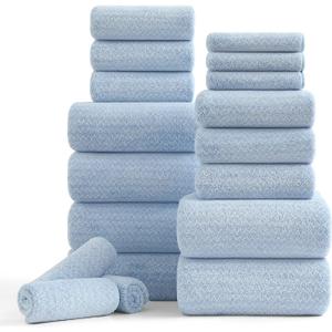 Ycosy 18 Piece Bath Towels Set,100% Microfiber Family Bathroom Towel with Hanging Loops-6 Bath Towels,6 Hand Towels,6 Washcloths,Quick Dry Highly Absorbent Shower Towel for Bathroom,Hotel,Spa-Blue