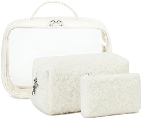 Bluboon 3Pcs Makeup Toiletry Bag for Women, Clear Packing Cubes Cosmetic Bag for Travel Women With Zipper Travel Essentials (Beige Lamb Wool)
