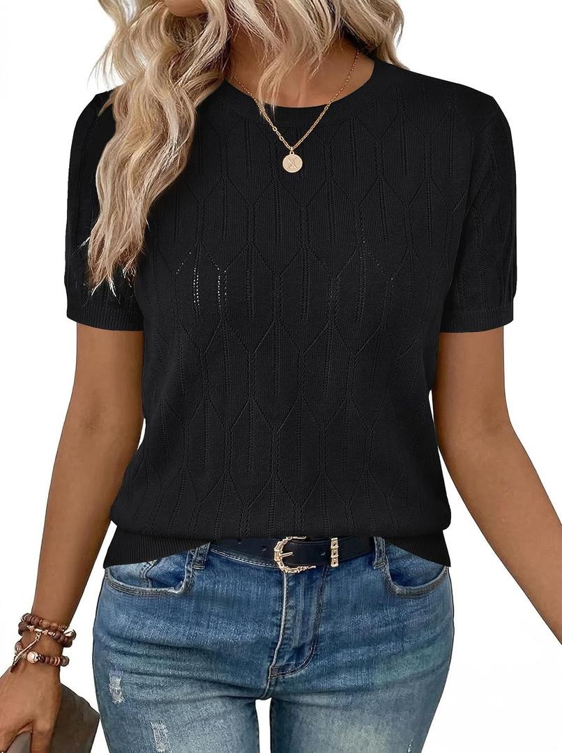 LaGracia Sweater for Women Short Sleeve Crew Neck Lightweight Sweaters Casual Summer Spring Tops 2026 Black XL