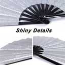 3 x Large Hand Fan Folding Rave Fans(White)-Premium Glitter Fabric & Portable Bamboo Frame for Line Dancing,EDM Festivals Gift,Club Parties,Kung Fu (silver)