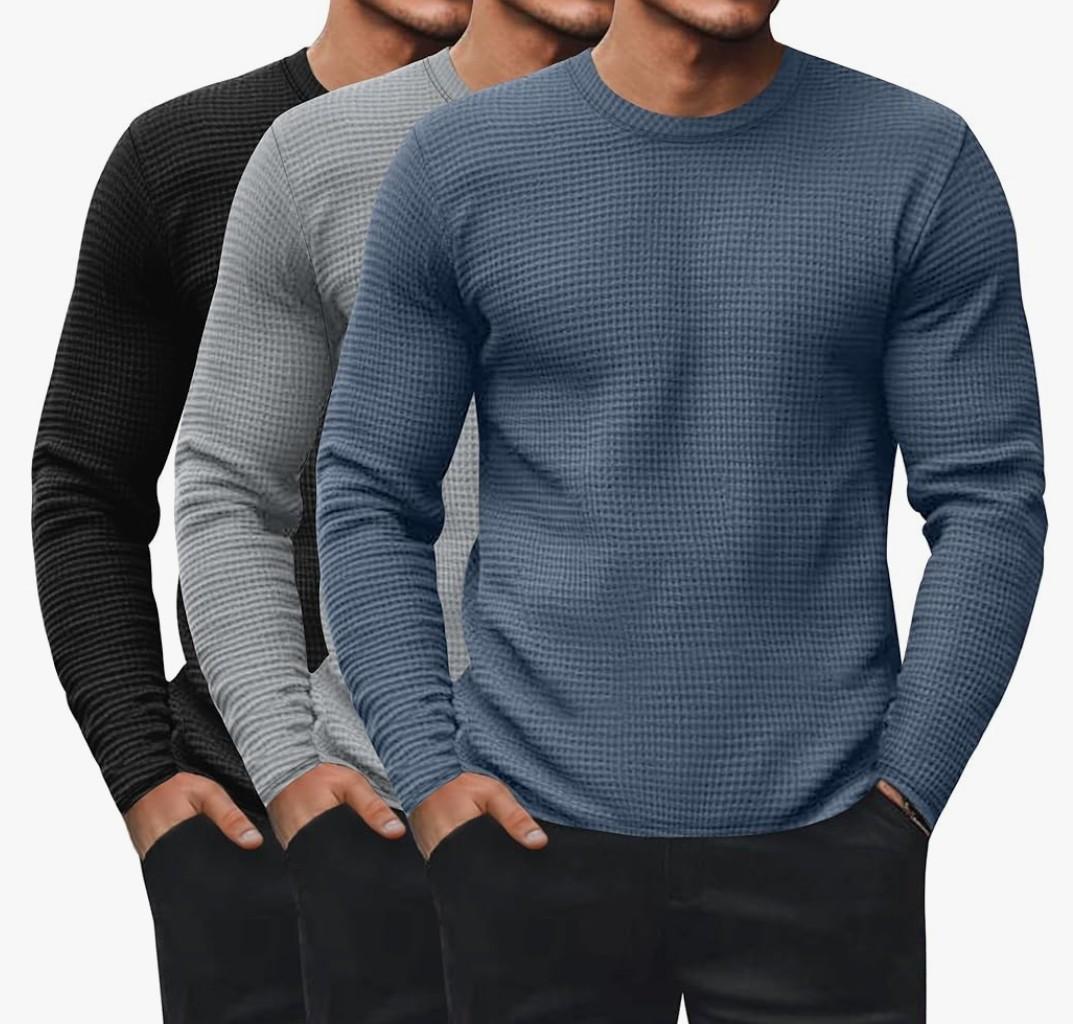 Ficerd 3 Pack Men's Waffle Long Sleeve Shirts, Crew Neck Thermal Underwear Tops Casual Pullover Sweaters Knit Undershirts Size XL