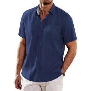 COOFANDY Men's Casual Linen Shirts Short Sleeve Button Down Shirt Summer Beach Tops (S, Navy Blue)