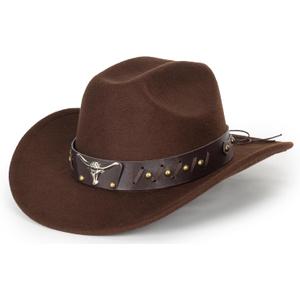 Women-Classic-Western-Cowboy-Shapeable-Hat - Men-Roll-Up-Wide-Brim-Felt-Fedora-Hats-Cowgirl-Hat with Belt Buckle(M-L) (Brown)