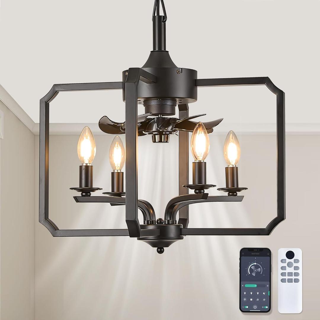 Farmhouse Chandelier Fan, 20" Industrial Caged Ceiling Fans with Lights and Remote Control, Rustic Hanging Pendant Chandelier Light Fixture for Bedroom, Dining Room, Kitchen Island, Foyer-Black Farmhouse Chandelier Fan, 20" Industrial Caged Ceiling Fans with Lights and Remote Control, Rustic Hanging Pendant Chandelier Light Fixture for Bedroom, Dining Room, Kitchen Island, Foyer-Black