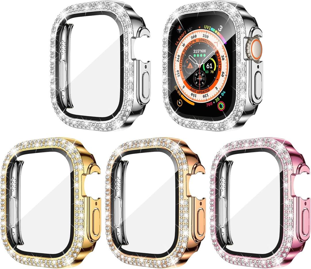Goton 4-Pack Bling Screen Protector for Apple Watch Ultra Ultra2 2024 49mm Case, Women Glitter Diamond Rhinestone Bumper Cover for iWatch Accessories 49 mm (Silver+Gold+Rose Gold+Pink( Glass))