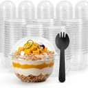50 Pack Disposable Parfait Dessert Cups with Dome Lids 8.5oz & Black Sporks - Clear Parfait Cups for Yogurt, Fruit, Cupcakes -Plastic Charcuterie Cups for Party