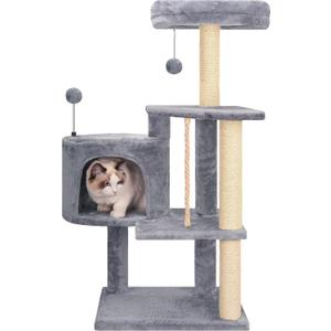 TINWEIUS Multifunctional Cat Tree for Indor Cats, Cat Tower with Cozy Condo, Perches, Scratching Posts and Hanging Rope, Grey (35.4")
