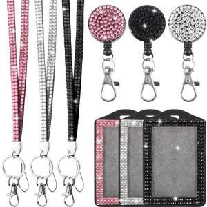 9 in 3 Sets 3 Color Upgraded Rhinestone Lanyard for ID Badges for Women Cute, Bling Mom Lanyards for ID Badges Teacher ID Card Holder Crystal Retractable Badge Reel for Student Kids