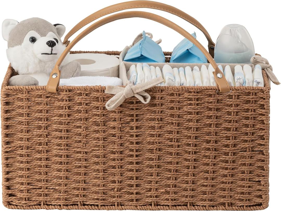 HBlife Large Baby Diaper Caddy Organizer, Paper Rope Storage Baskets Nursery Bin with Removable Divider, Portable Car Organizer for Diapers, Baby Shower Gifts, Newborn Essentials Must Haves (Brown)