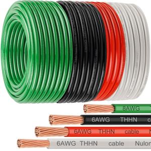 XRDS -RF 4-Pack Stranded Copper THHN Wire Combo, 6AWG & 8AWG Electrical Wire Set 50FT, Pure Copper Building Cable with PVC Insulation & Nylon Jacket (Includes 6 AWG Black/Red/White & 8 AWG Green)