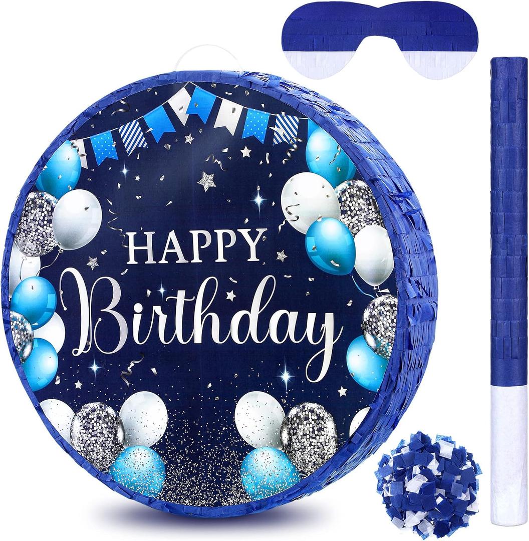 Sinmoe Birthday Piata with Stick Blindfold and Confetti Large Piata for Adult Men Women Birthday Party Supplies Decoration Wedding Anniversary(Blue and Silver)