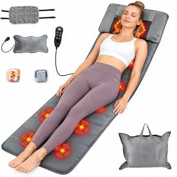 Full Body Massage Mat with Heat, 10 Vibration Nodes Massage Chair Padwith 3 Heating Levels, Multifunctional Full Body Seat Back Massager with Head Neck Foot Massage Pillow for Home Office