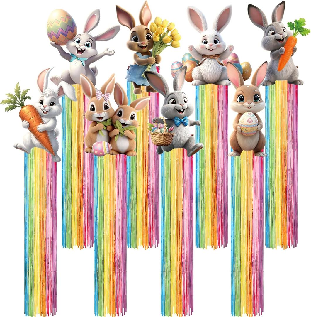 8 Pcs Easter Decorations Outdoor 3.6ft Easter Party Favors Bunny Hanging Decorations with Tassels Rabbit Garland Yard Hanging Signs for Wall Home Yard Lawn Tree Party Supplies Garden Decor