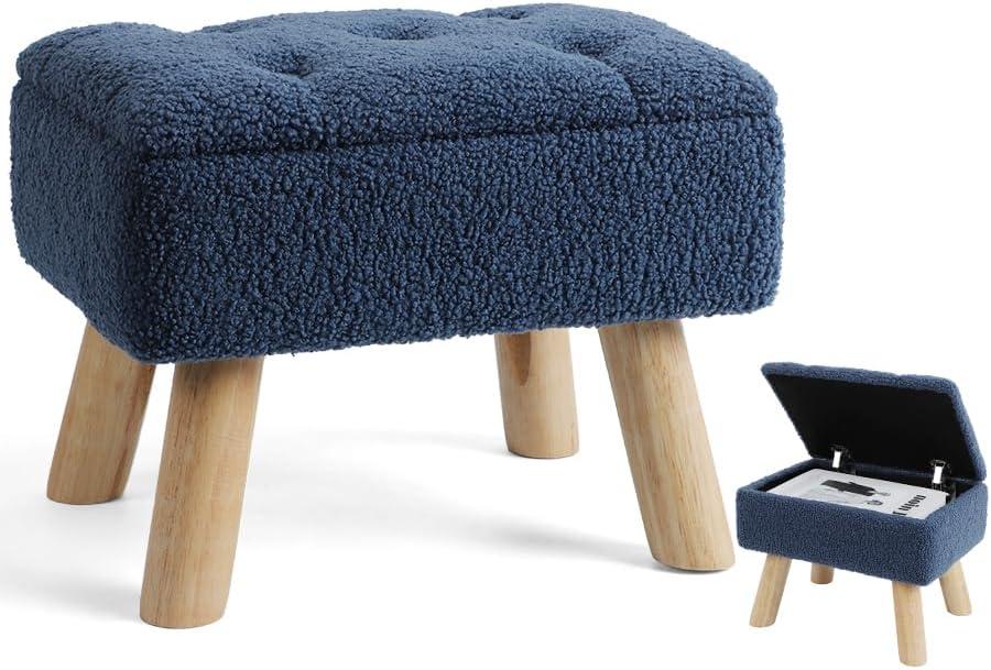 Storage Ottoman, Small Foot Stool Ottoman with Storage, Boucle Teddy Velvet Foot Rest with Padded Seat, Sturdy Wood Legs Stool for Living Room, Bedroom, Couch, Enterway (Dark Blue)