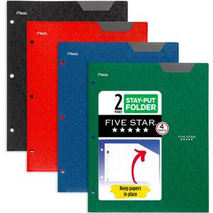 Five Star 2-Pocket Folder, 4 Pack, Plastic Folder with Stay-Put Tabs and Prong Fasteners, Fits 3-Ring Binder, Holds 8-1/2" x 11 Paper, Black, Fire Red, Forest Green, Pacific Blue (38049)