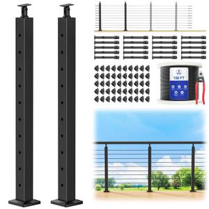 CKE 5-10ft Complete Set 36" Cable Railing Post Kit, 2Pack Adjustable Top Level Drilled Line Posts(35"x2"x2"), 150ft 1/8" Wire Rope, Black Swageless Invisible Cable Railing Kit (No Handrail) LPS01