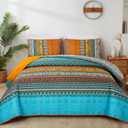 WONGS BEDDING Orange Quilt Set Queen Size, Stripe Bohemian 3 Pieces Quilts Bedspread Set Boho Lightweight Microfiber All Season Bedding Coverlet Set for Queen Bed (96"x90")