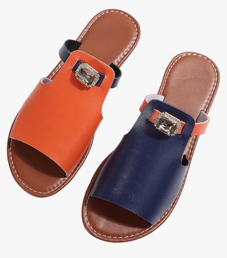 GORGLITTER Women's Glitter Rhinestone Flat Sandals Colorblock Dressy Comfortable Open Toe Slip On Summer Slides Shoes Size 8