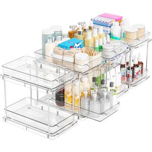 Yieach 4 Pack Under Sink Organizers and Storage, Clear Acrylic Bathroom Organizer and Cabinet Organization for Makeup, Medicine, Two Tier Pull Out Cabinet Organizer Drawers for Pantry, Vanity Storage Bins