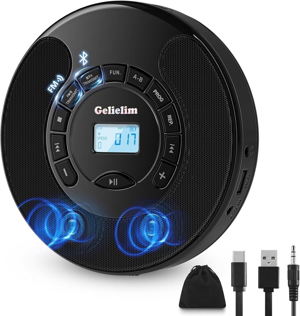Gelielim Portable CD Player, CD Player for Car with Bluetooth and FM Transmitter, CD Music Player with Dual Stereo Speakers, Anti-Skip Protection, AUX/USB Port, 2000mAh Rechargeable Battery (Shiny Black)