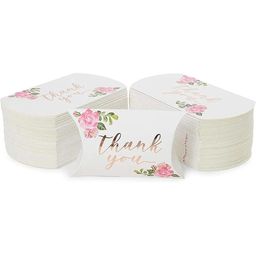Sparkle and Bash 100pcs Floral Pillow Boxes, 5" x 3.5" Thank You Treat Box for Wedding Party Favors, and Candy