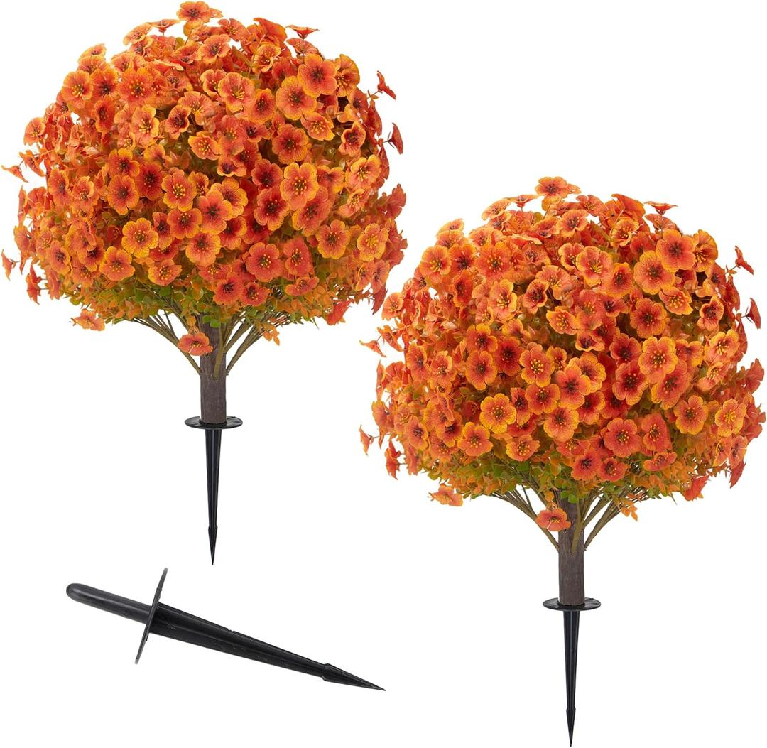 2 Pack Artificial Fall Flower Topiary Balls, UV‑Resistant Faux Orange Autumn Shrubs with Ground Stakes for Front Porch Yard Lawn Thanksgiving Outdoor Decor