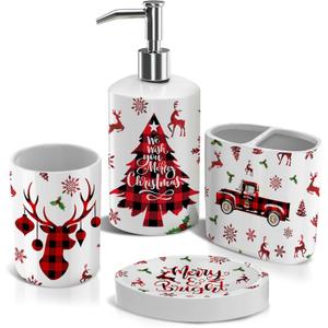 Christmas Bathroom Decor Sets of 4, Reindeer Christmas Toothbrush Holder Set, Xmas Ceramic Bathroom Accessories Set