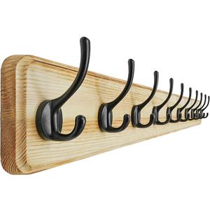 Dseap Coat Rack Wall: 38-1/4" Long, Patented, Heavy-Duty, 10-Double-Hooks Wooden Wall Mounted Coat Rack Coat Hanger Hook Rail for Winter Coats Hat Jacket Clothing, Light Brown