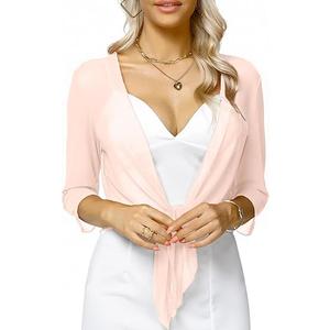 Aiboria Womens 3/4 Sleeve Shrug Sheer Mesh Bolero Tie Front Cropped Cardigan Small, Light Pink