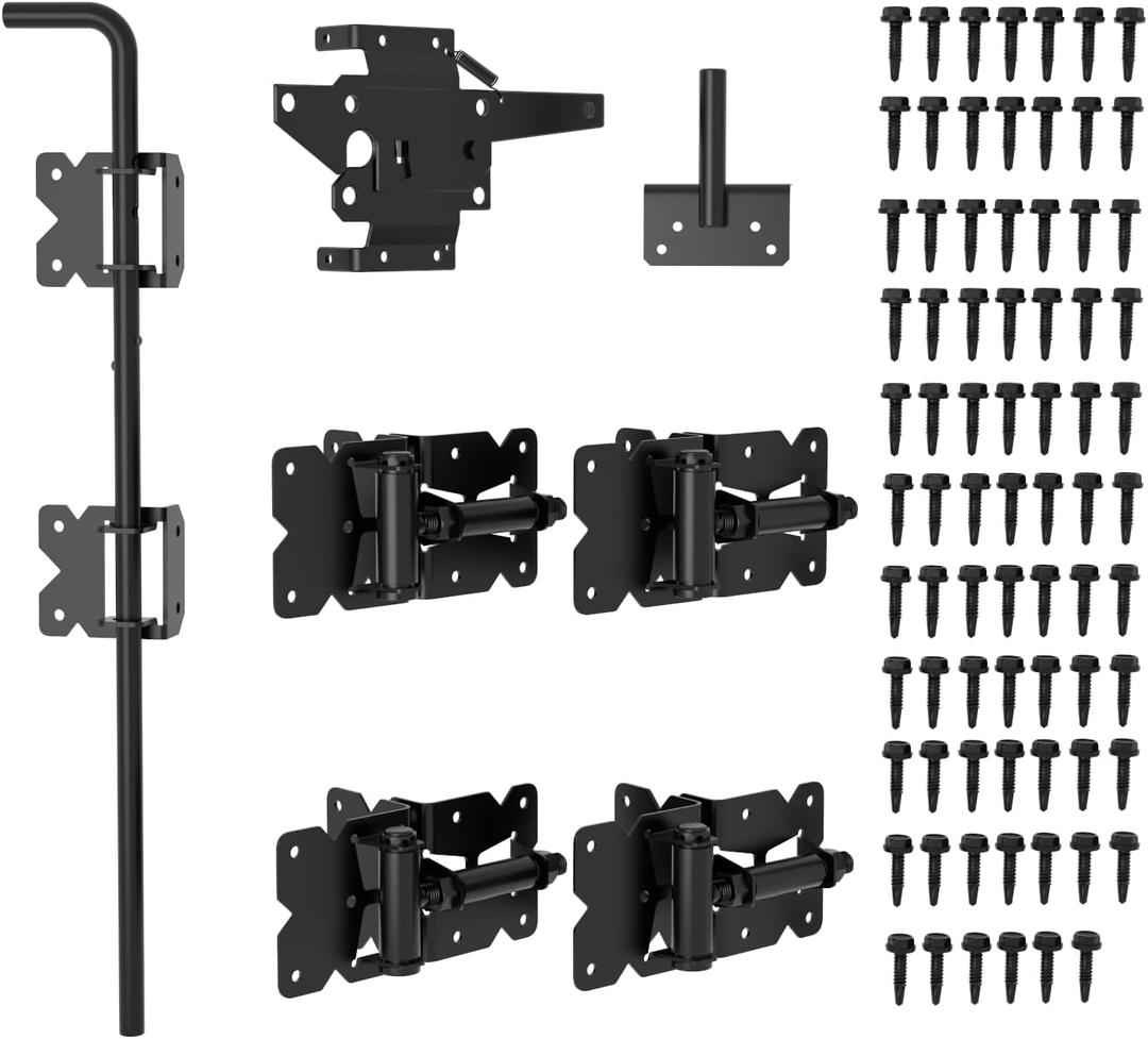 SKYSEN Self-Closing Fence Gate Hinges, Latch, and 24" Drop Rod for Double Gate Fence, Fence Gate Hardware - Easy to Install, Sturdy and Durable - Black Plastic Coated(smzt-01)