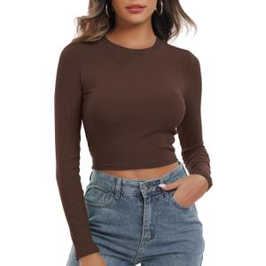 Artfish Women's Round Neck Long Sleeve Knit Ribbed Fitted Crop Top Casual Basic Shirts (X-Large, Brown)