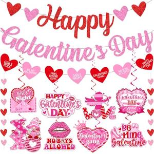 Galentines Day Decorations, Galentines Day Party Supplies includes Glitter Happy Galentines Day Banner Heart Garland and XOXO Hanging Swirls, Girl Lady Galentines Day Decorations for Office Home (Red and Pink)