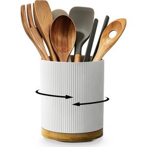 360 Rotating Utensil Holder for Kitchen Countertop, 7.76" Kitchen Utensil Holder, Rotating Utensil Crock, Extra Large Ceramic Utensil Holder for Kitchen (White)