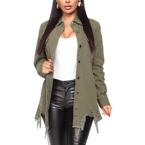DvaeMalligo Women's Jean Jacket Distressed Button Down Long Sleeve Ripped Oversized Denim Trucker Jean Jackets (Xarmy Green 9642)