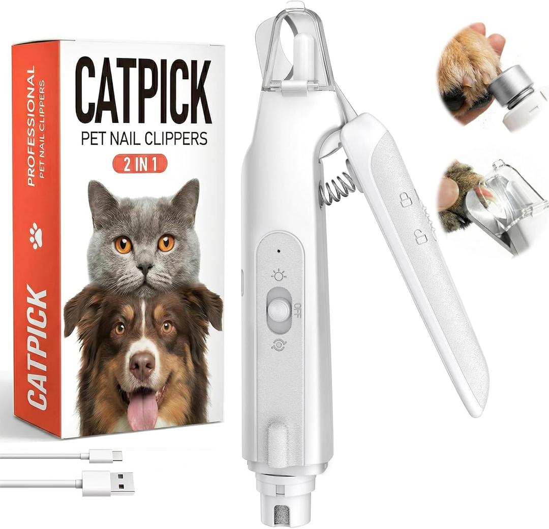 2-in-1 Dog & Cat Nail Clipper with Grinder - Dual Highlight LED Reduce Over-Trimming, Long Battery Cordless USB-C Rechargeable, Safety Lock & Catcher Cap, Quiet Home Grooming for Small Large Pets (White)