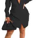 Black Button Down Shirt Dresses for Women Sexy Long Sleeves Top Collar Blouse Casual Oversize Classy Ruched Party Club Night Out Mini Dress with Drawstring, XL