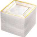 bUCLA 100PCS Clear Gold Plastic Square Plates - 6 Inch Clear Disposable Dessert/Cake Plates with Gold Trim - Ideal for Weddings,Birthday&Party