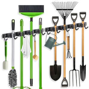 ZONGOOL 2 Pack Broom Holder Wall Mount, 4 Racks and 5 Hooks Mop Hanger Wall Mount Broom Organizer Stainless Steel Heavy Duty Garage Tool Racks for Home Kitchen Garden Laundry (Black)