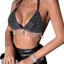 SHENHE Women's Sexy Sequin Halter Backless Rhinestone Fringe Glitter Party Club Crop Top Black Small